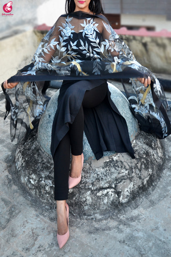 Black Organza Floral Handpainted Stole