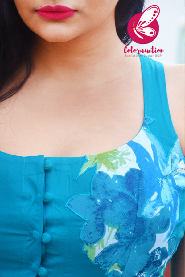Sky Blue Modal Rayon Sleeveless Patch Work Kurti