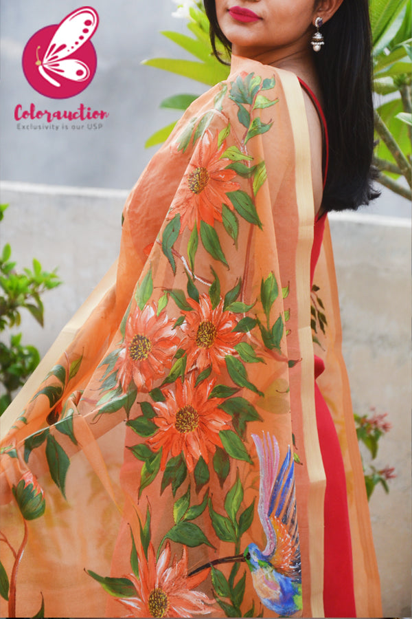 Orange Pure Organza Sunflower Hand painted Stole