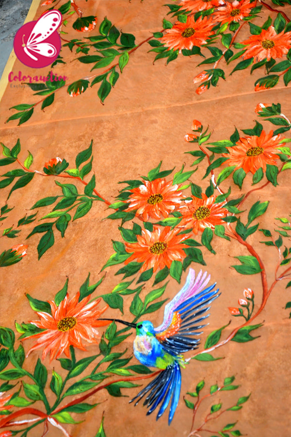 Orange Pure Organza Sunflower Hand painted Stole