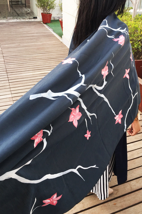 Grey Silk Hand-painted Floral Bunch Stole