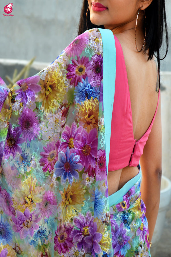 Multicolour Floral Chandelier Net Dupion Silk Taping Saree