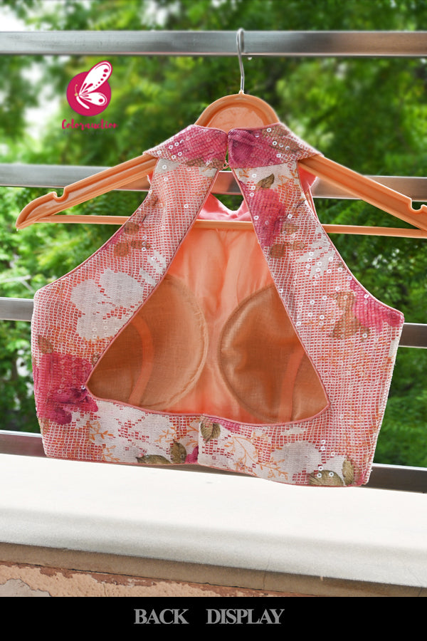 Peach Floral Net Sleeveless Keyhole Back Padded Blouse