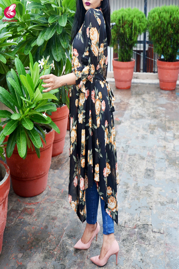 Black Printed Georgette Long Shrug