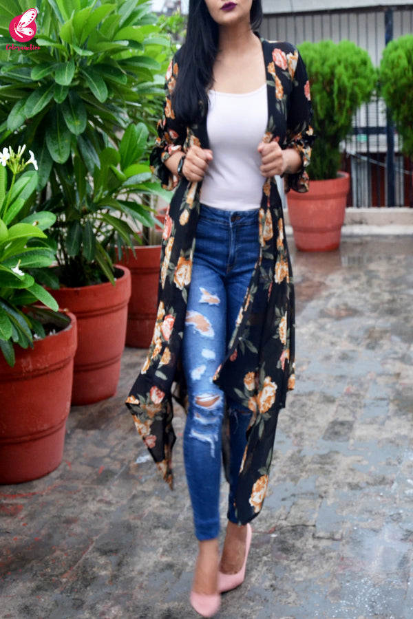 Black Printed Georgette Long Shrug