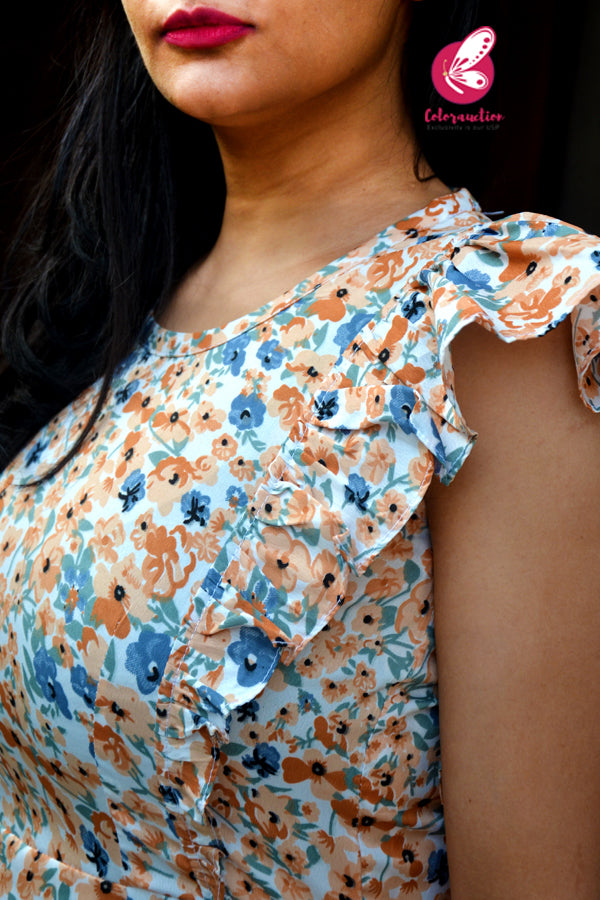 White &amp; Orange Floral Print Sleeveless Summer Cool Straight Fit Kurti