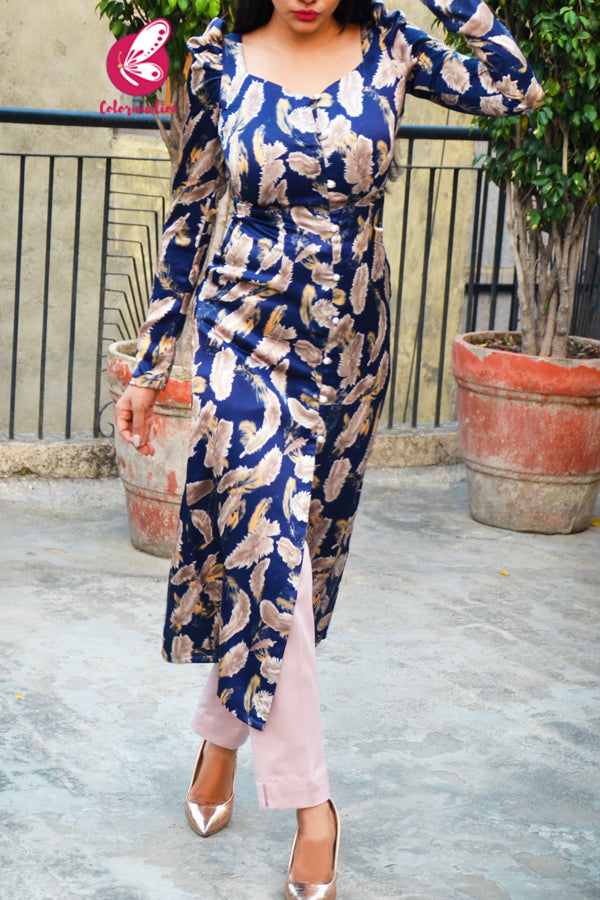 Blue Printed Premium Satin Full Sleeves Front Slit Kurti with Mauve Pink Stretchable Pants