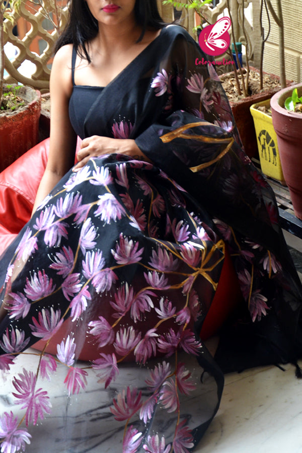 Black Pure Organza Handpainted Floral Pink Stole