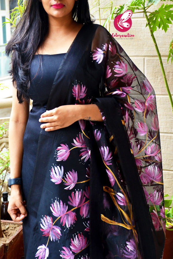 Black Pure Organza Handpainted Floral Pink Stole