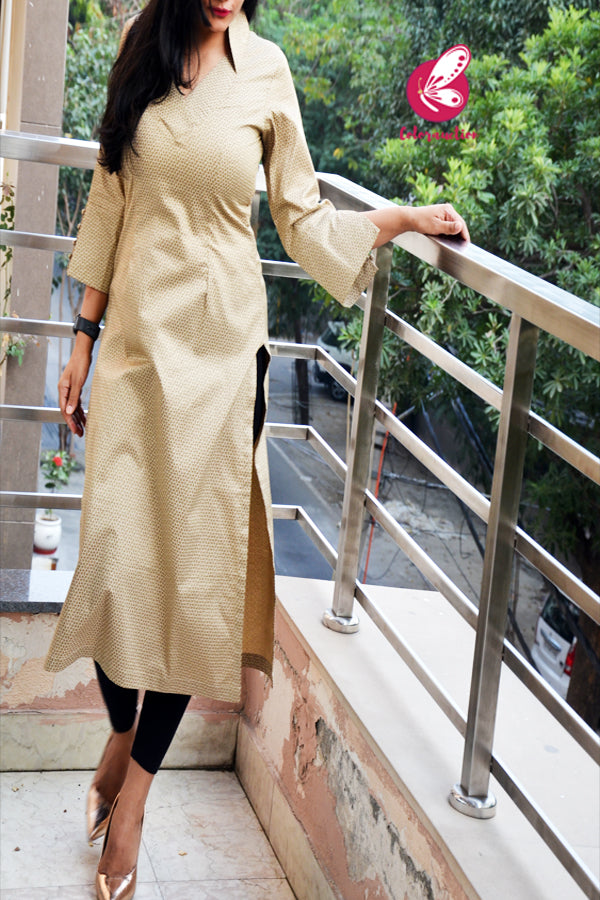 Beige Quarter Sleeves Honeycomb Print Collar Neckline Straight Fit Kurti
