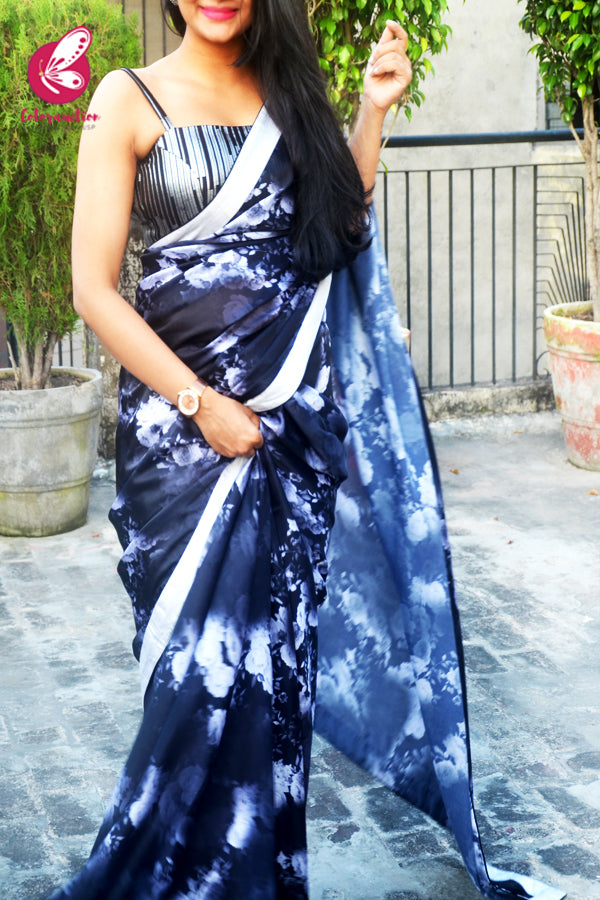 Black Printed Floral Satin Black Dupion Taping Saree