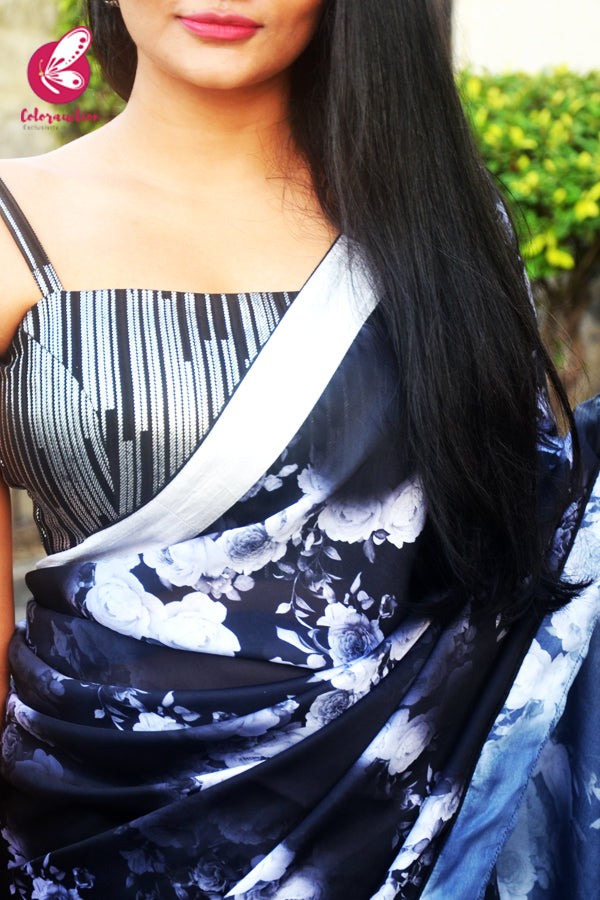 Black Printed Floral Satin Black Dupion Taping Saree
