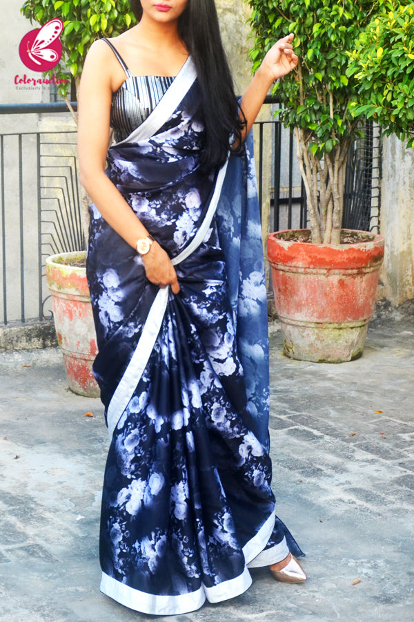Black Printed Floral Satin Black Dupion Taping Saree