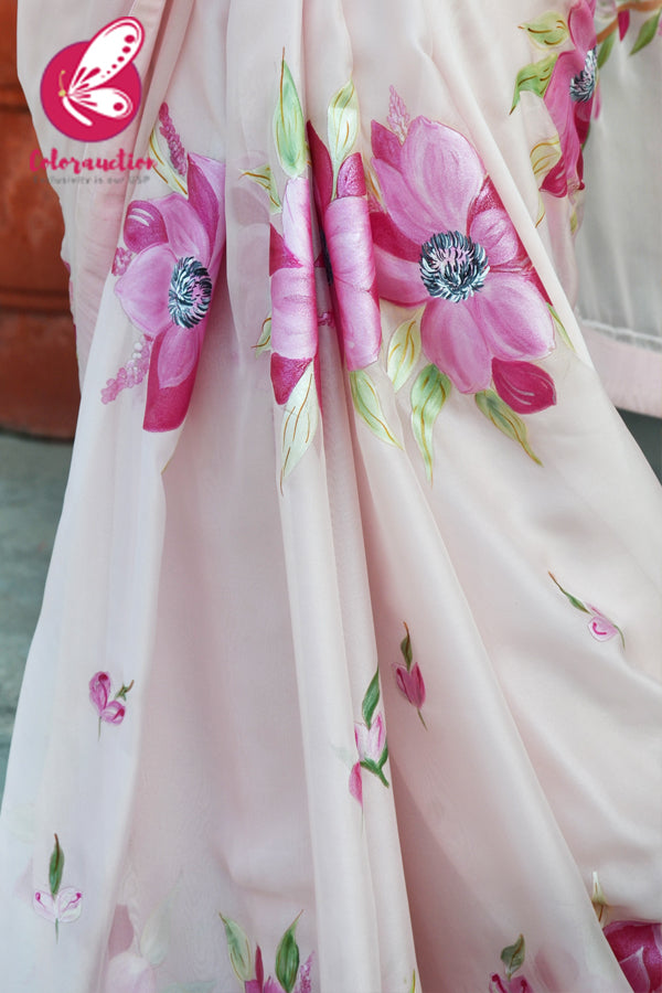 Baby Pink Hand-painted Pure Silk Chiffon Saree
