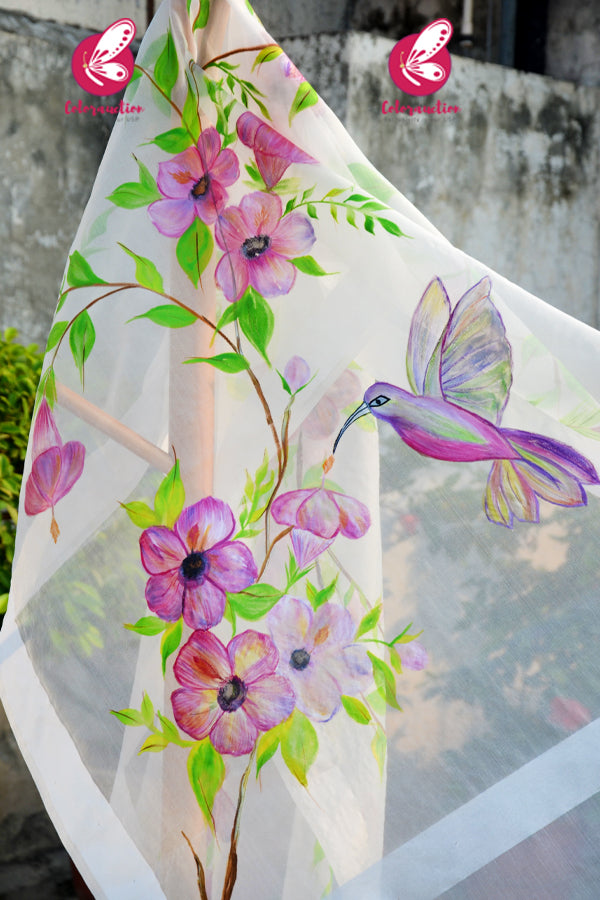 Off White Multicoloured Bird Floral Pure Organza Stole
