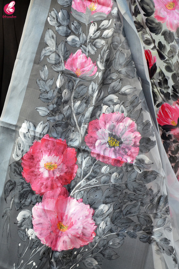 Grey Organza Hand painted Floral Stole