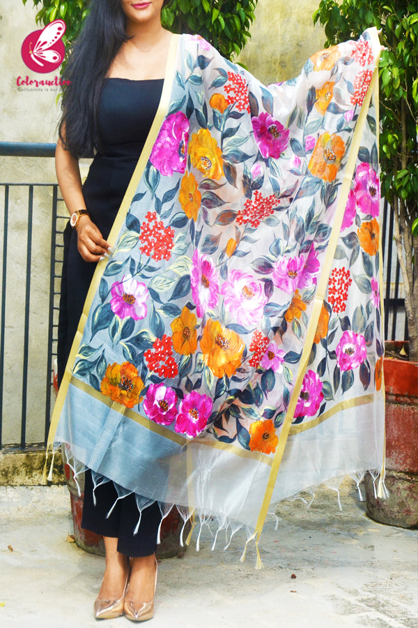 Off White Pure Organza Multicoloured Floral Stole