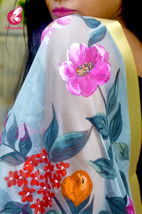 Off White Pure Organza Multicoloured Floral Stole