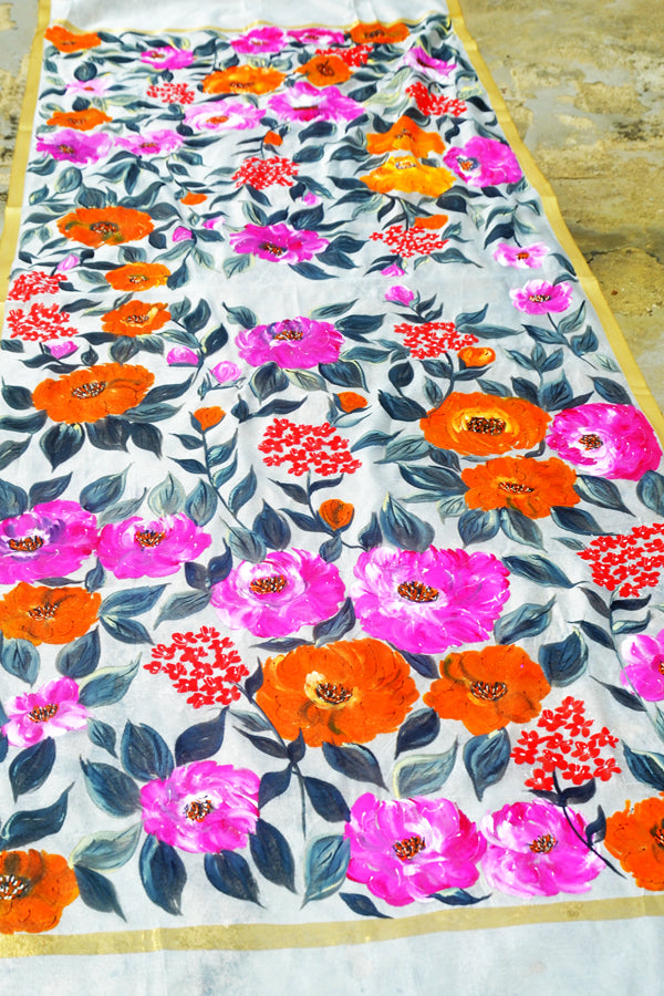 Off White Pure Organza Multicoloured Floral Stole