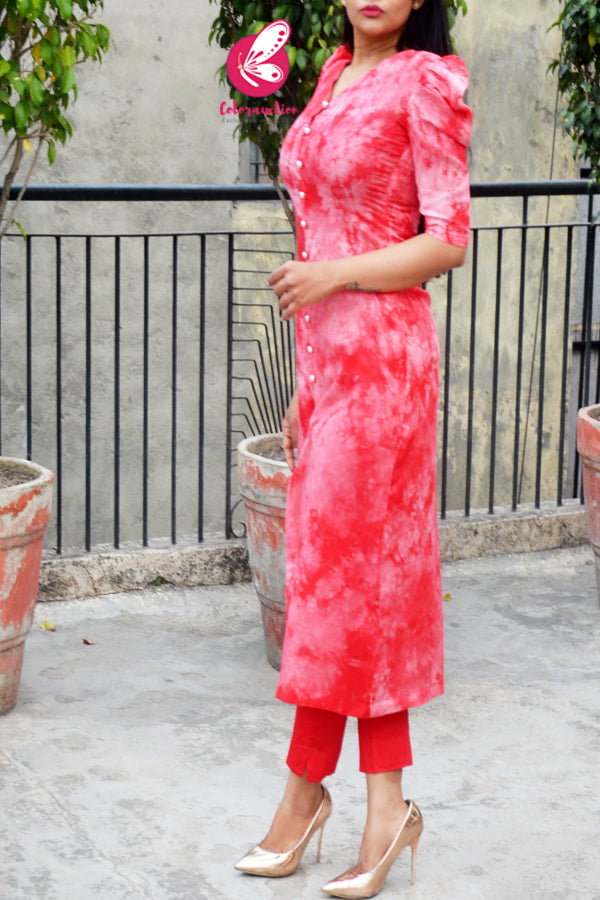 Red &amp; White Tie &amp; Dye Rayon Kurti with Red Cotton Silk Pants