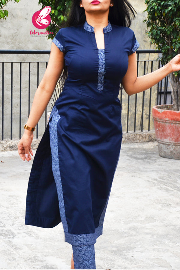 Navy Blue Short Sleeves Cotton Silk Kurti with Printed Navy Blue Cotton Silk Pants Kurti Set