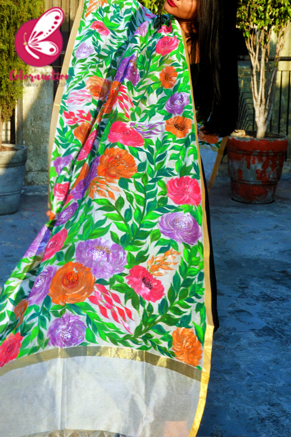 White Organza Hand painted Multicoloured Floral Stole