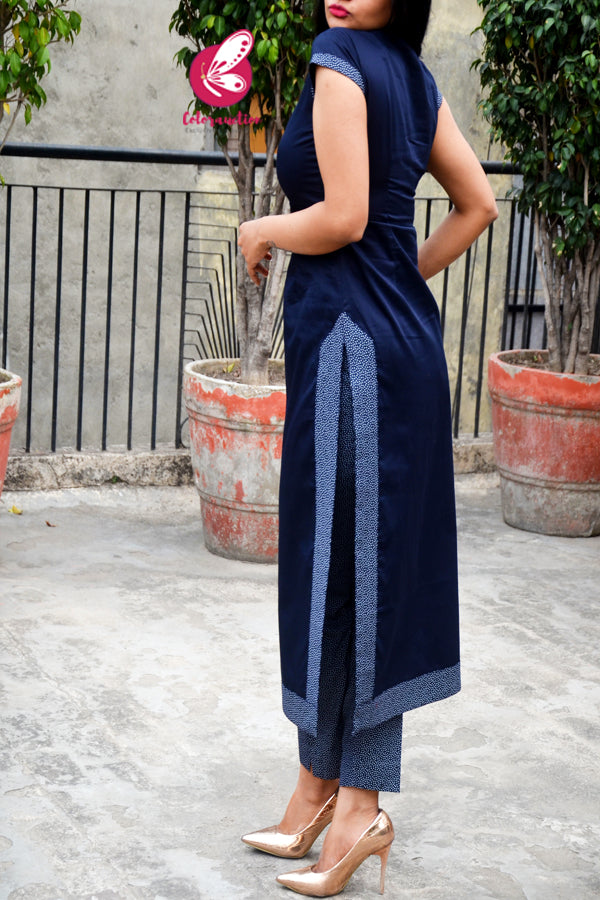 Navy Blue Short Sleeves Cotton Silk Kurti with Printed Navy Blue Cotton Silk Pants Kurti Set