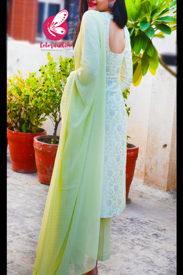 Mint Green &amp; Silver Georgette Brocade Silk Padded Kurti with Mint Cotton Silk Pants and Mint Green Silver Mukaish Georgette Dupatta