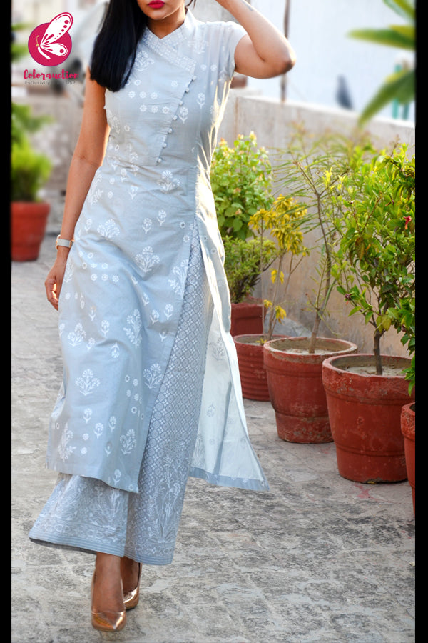 Grey Printed Glitter Cotton Kurti With Grey Printed Cotton Palazzo Kurti Set
