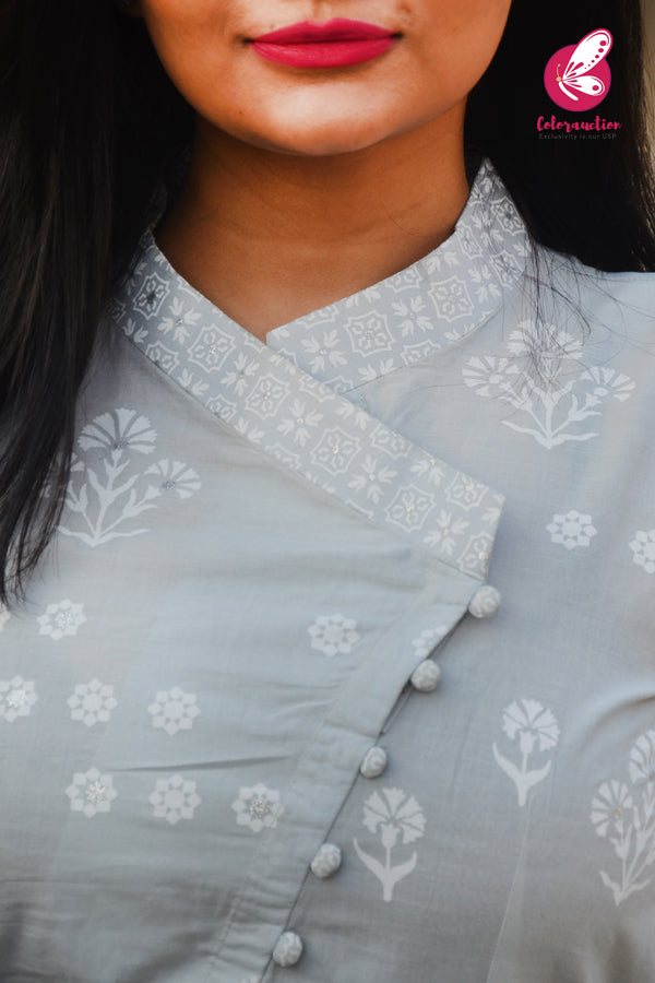 Grey Printed Glitter Cotton Kurti With Grey Printed Cotton Palazzo Kurti Set