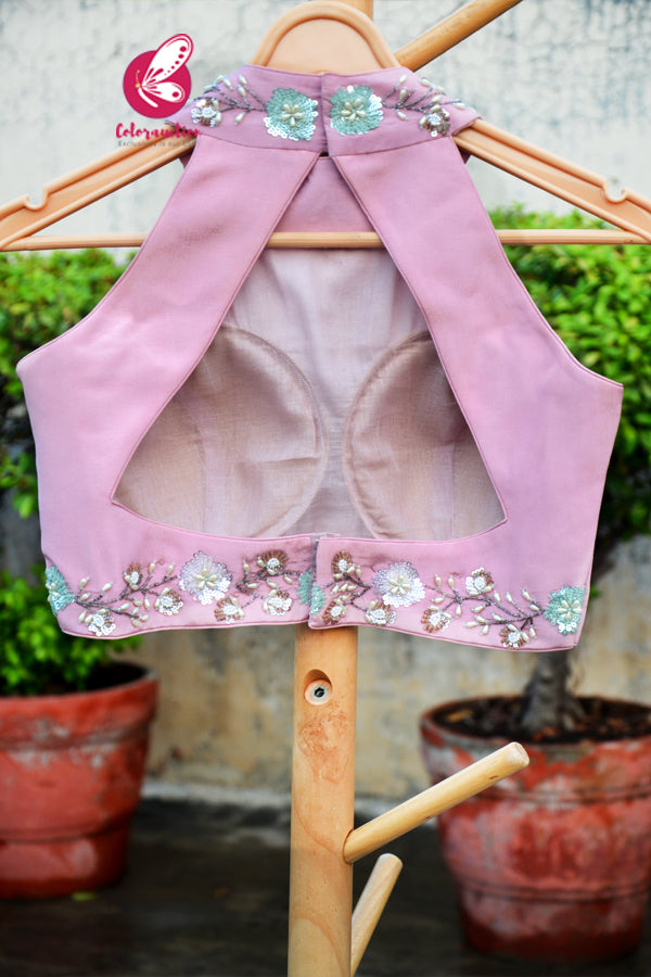 Pink Crepe Sequins Handwork Padded Blouse