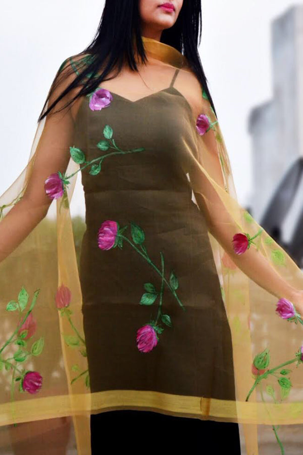 Golden Organza Hand Painted Roses Stole