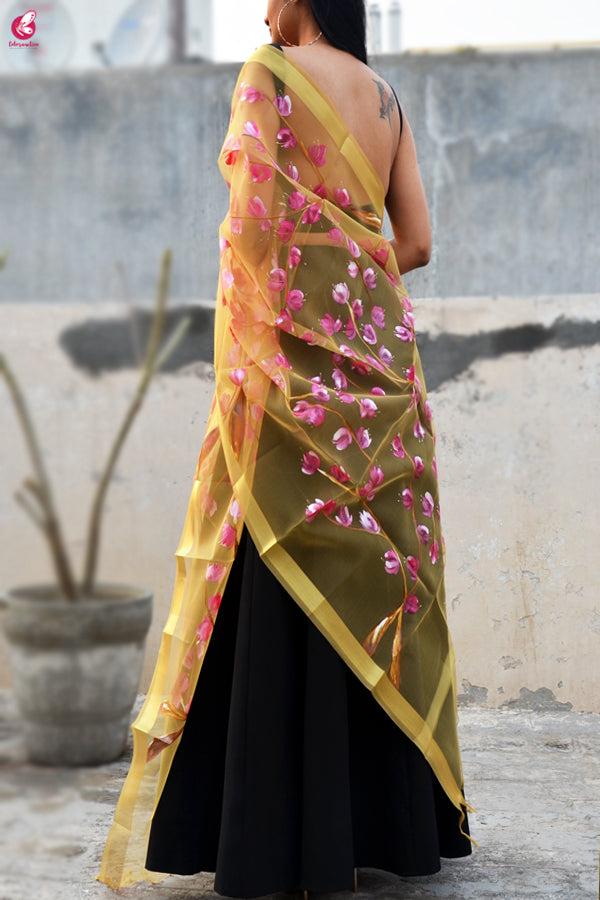 Golden Organza Handpainted Floral Stole