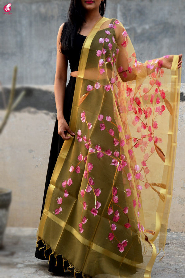 Golden Organza Handpainted Floral Stole