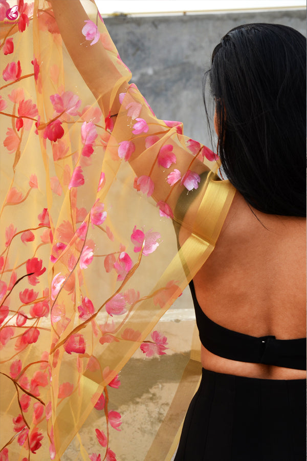 Golden Organza Handpainted Floral Stole