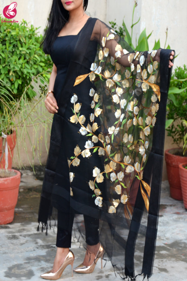 Black Organza Handpainted Floral Stole