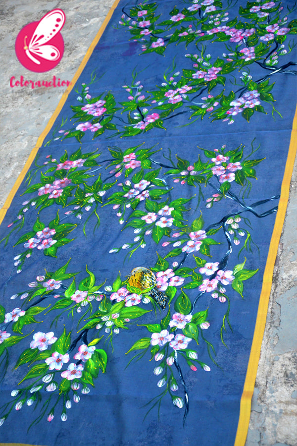 Bluish Grey Organza Hand-painted Floral Stole