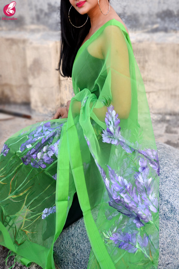 Green Organza Hand painted Floral Stole