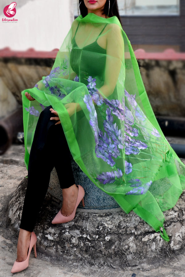 Green Organza Hand painted Floral Stole