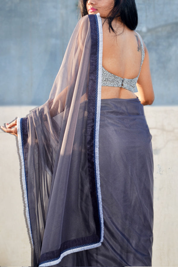 Grey Net Tassel Lace Border Saree