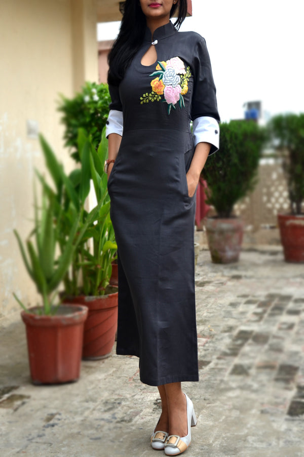 Dark Grey Sarton Lycra Embroidered A-Line Kurti
