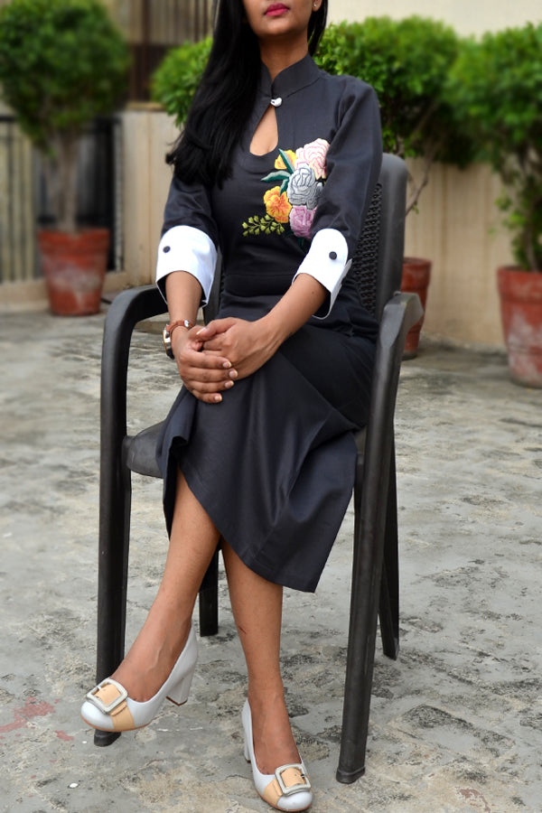 Dark Grey Sarton Lycra Embroidered A-Line Kurti