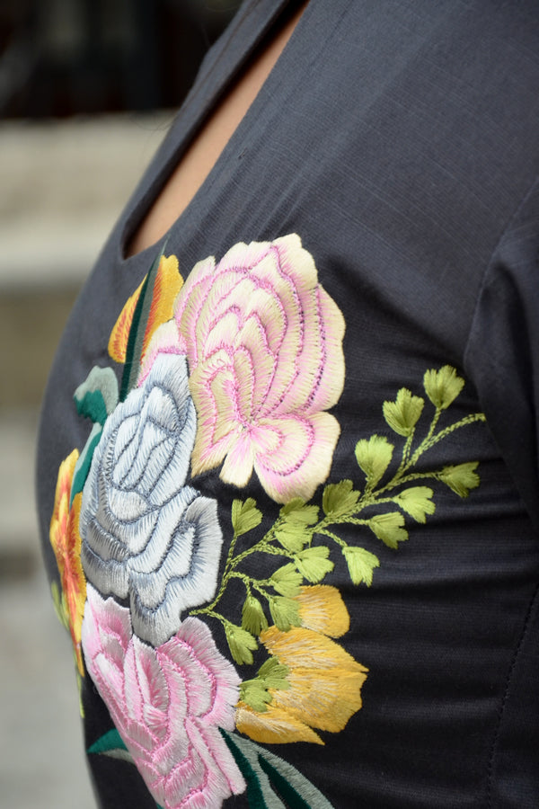 Dark Grey Sarton Lycra Embroidered A-Line Kurti