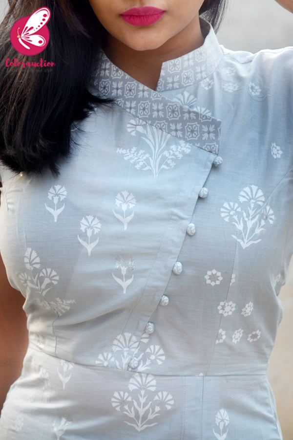Grey Printed Glitter Cotton Kurti With Grey Printed Cotton Palazzo Kurti Set