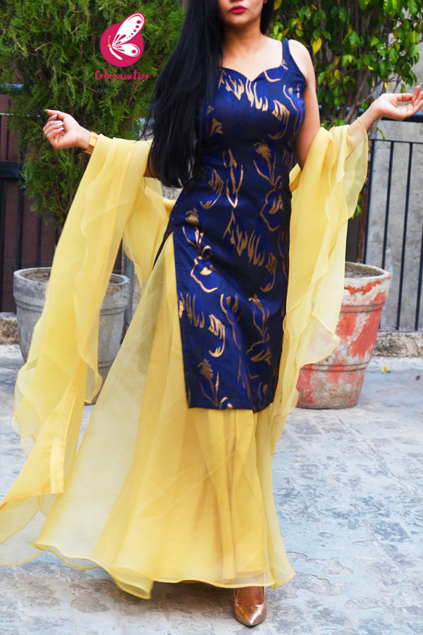Blue Golden Brocade Padded Strappy Kurti With Golden Organza Sharara and Golden Organza Three-Tier Ruffle Stole Kurti Set