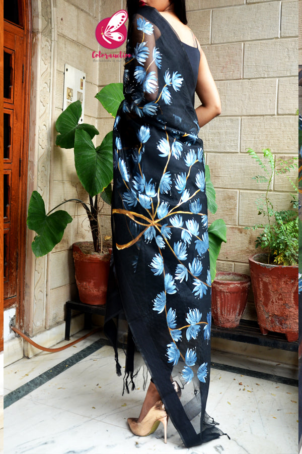 Black Pure Organza Handpainted Floral Blue Stole