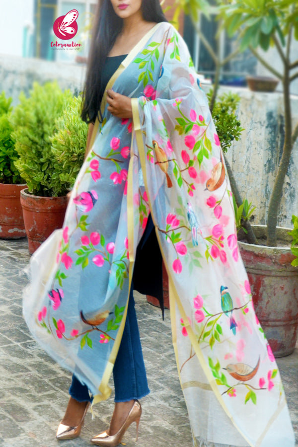 Off White Handpainted Birds Floral Golden Zari Pure Organza Stole