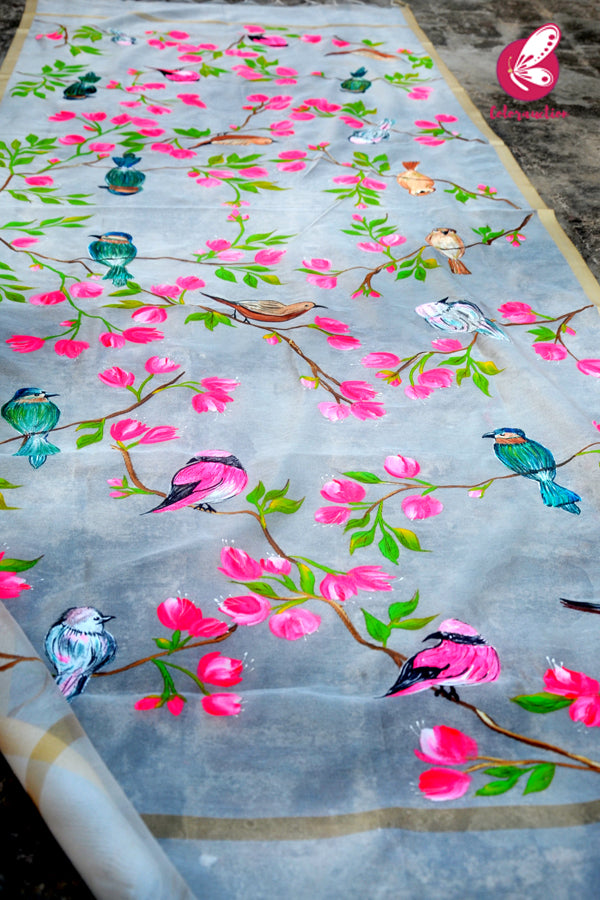 Off White Handpainted Birds Floral Golden Zari Pure Organza Stole
