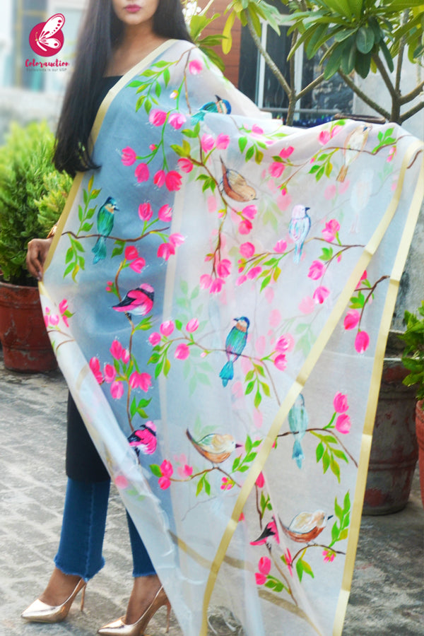 Off White Handpainted Birds Floral Golden Zari Pure Organza Stole