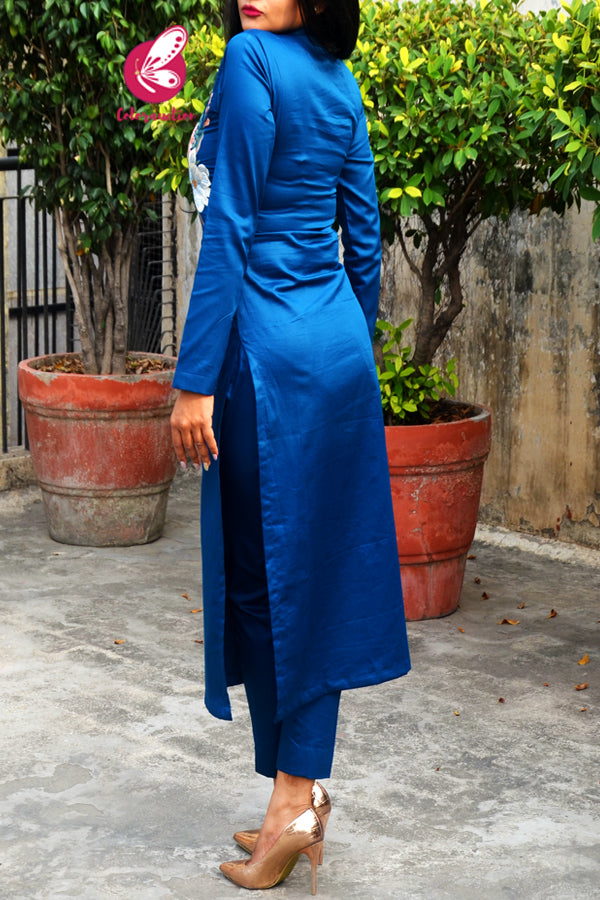Blue Floral Embroidered Cotton Silk Kurti with Blue Cotton Silk Pants Kurti Set